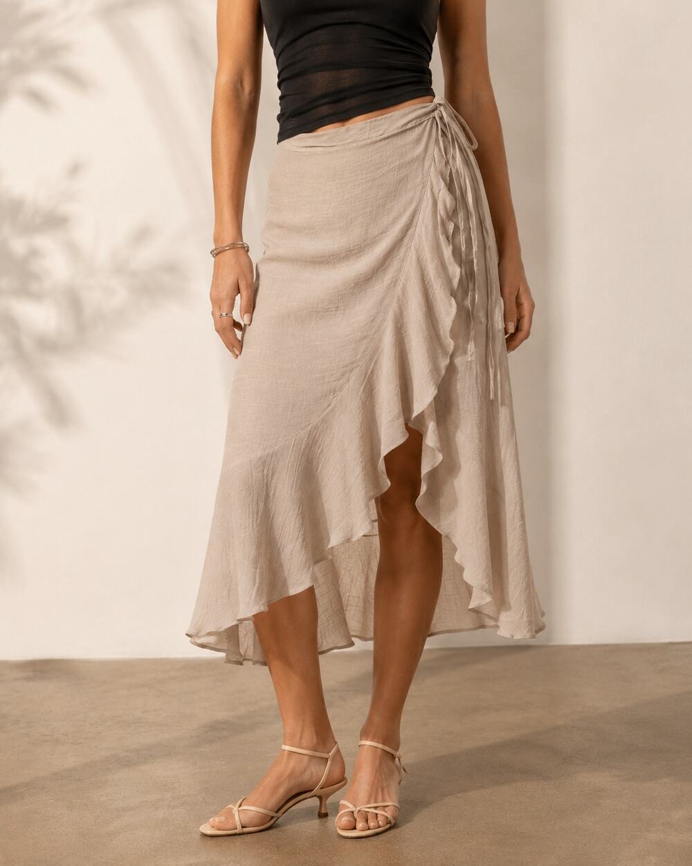 Vintage Y2K Beige Asymmetrical Wrap Skirt Women S Ruffled Romantic Girly Neutral
